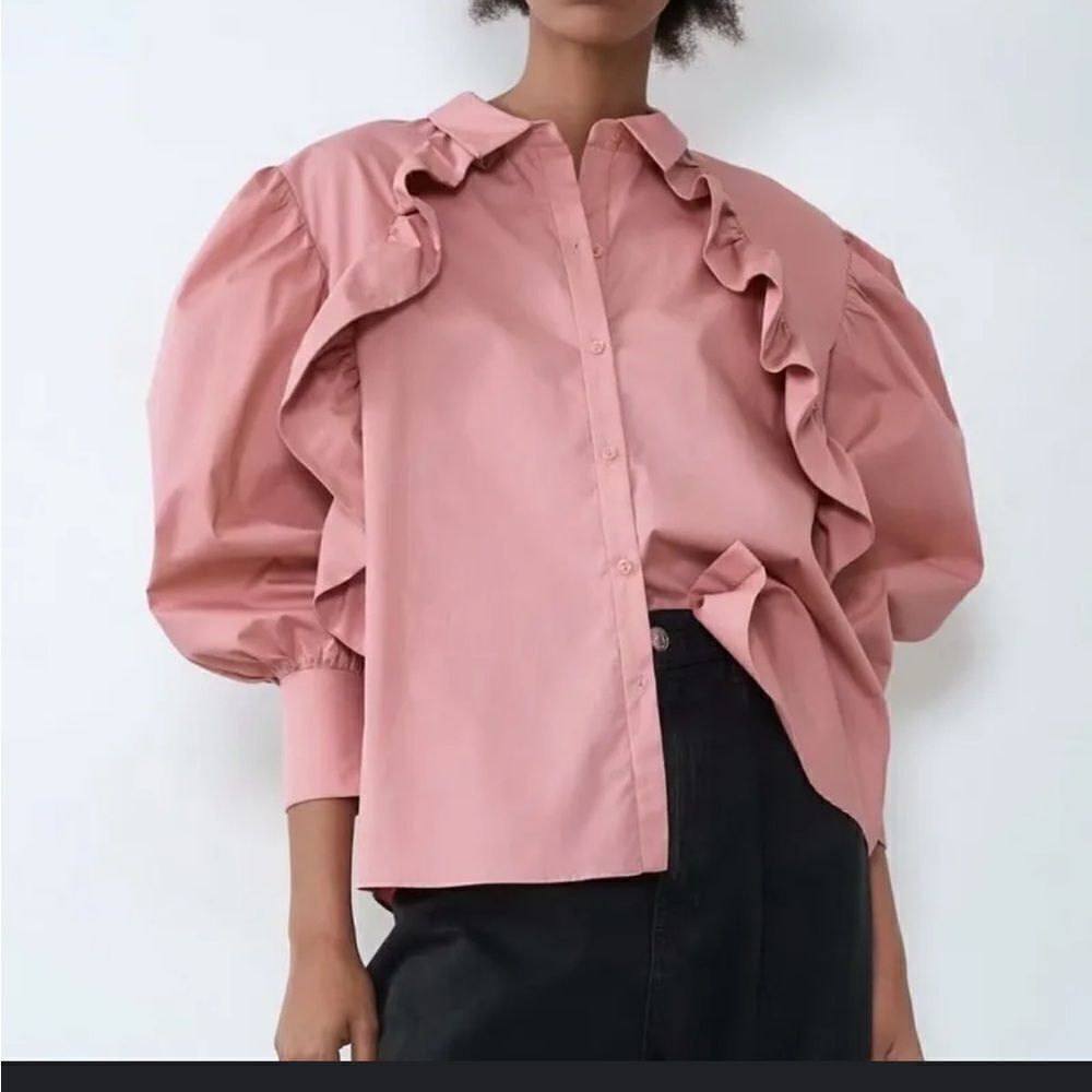 Nwt Zara Pink Ruffle Front Button Up Down Small S - image 1
